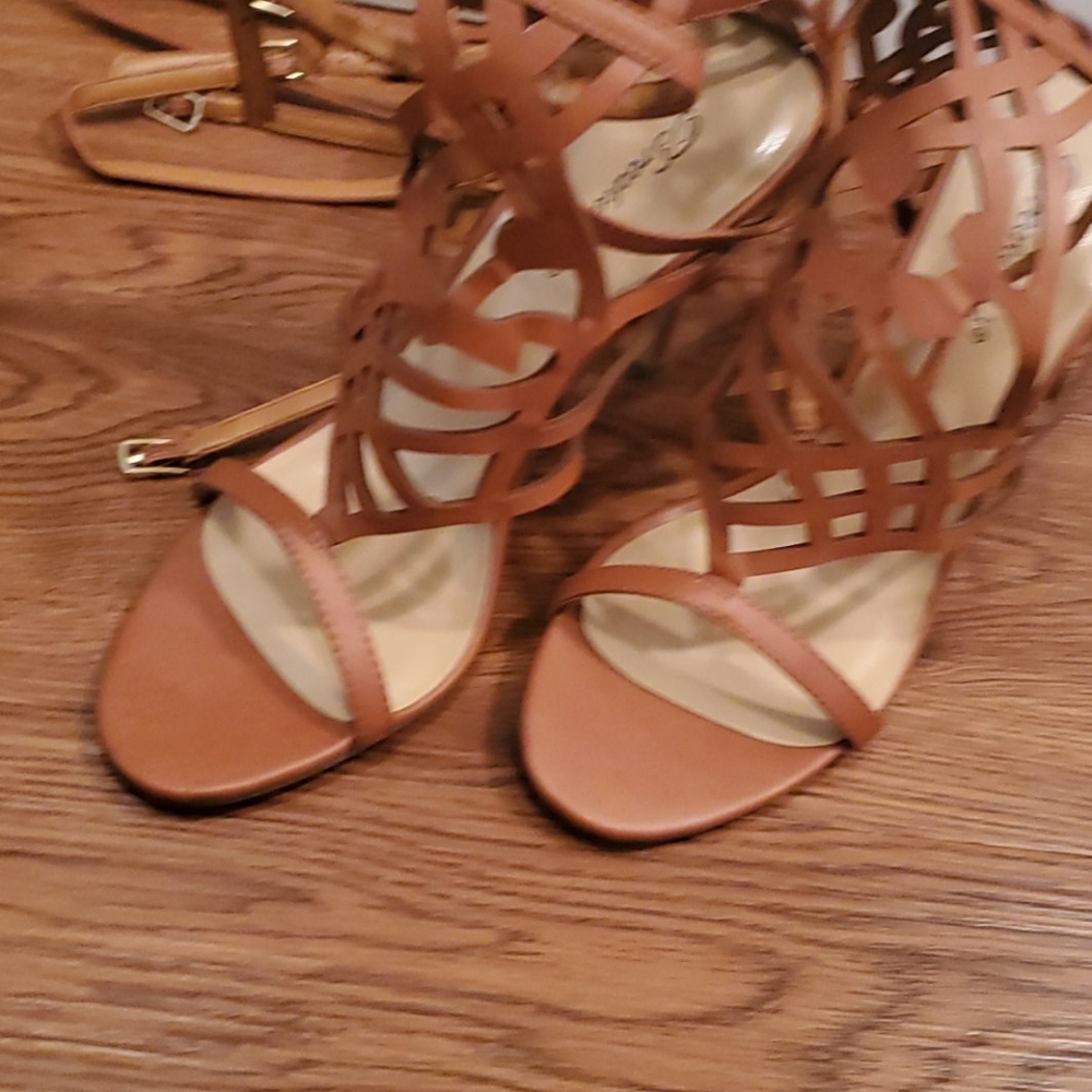 Brown Cognac Strappy Cutout Gladiator Heeled Sandals Size 9 - Picture 3 of 3